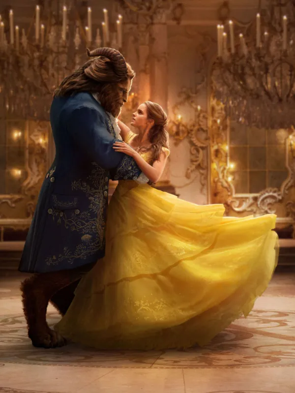 Young woman wearing an old-fashioned hoop dress dancing with the beast, hairy man in a suit