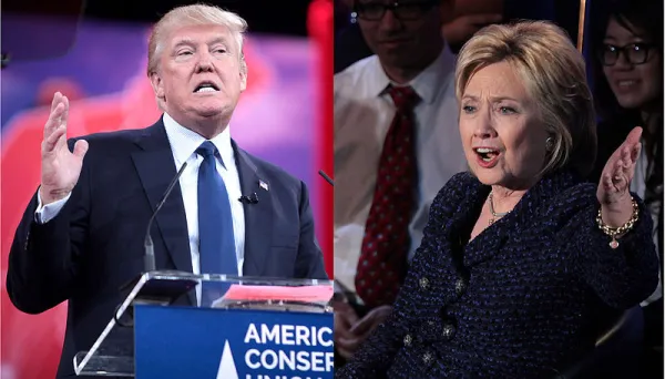 Trump and Clinton each at a podium looking like they are yelling