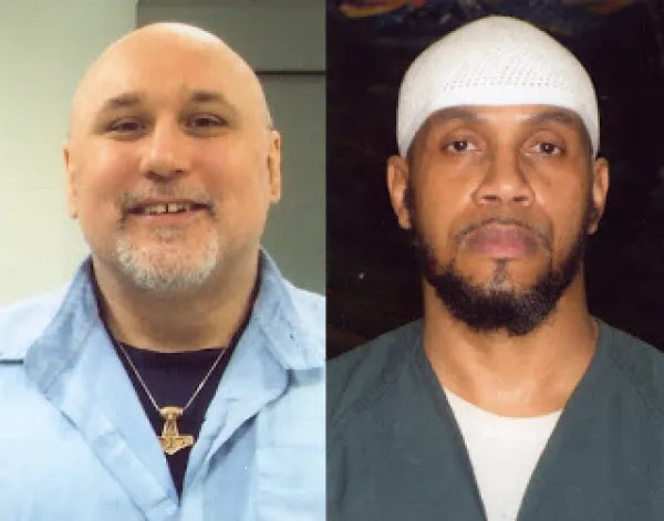 Two photos side by side, two men, on the left is white he is bald with a gold necklace, on the right he is black with a white hat and a beard.