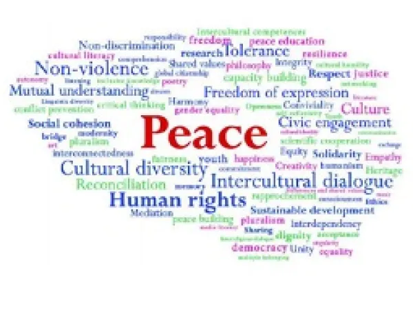 The word in red Peace with a bunch of related words all around it like Human Rights and Cultural Diversity