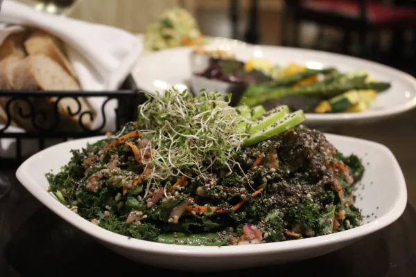The “Good Good Salad” (front center), grilled vegetables (background) 