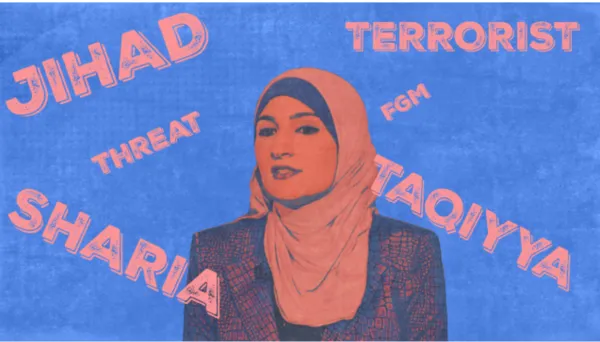 Red and blue picture of woman wearing head scarf against background with words terror, attack, etc.