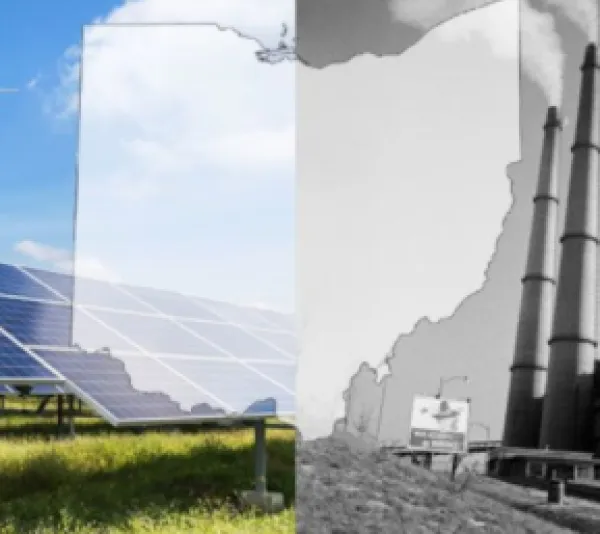 Map of Ohio over coal plant image and green meadow image