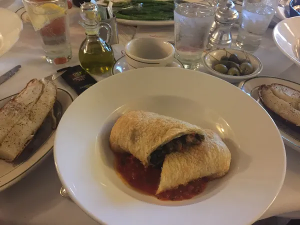 Photo of Vegan Mushroom filled Pastry with grilled asparagus and baked potato