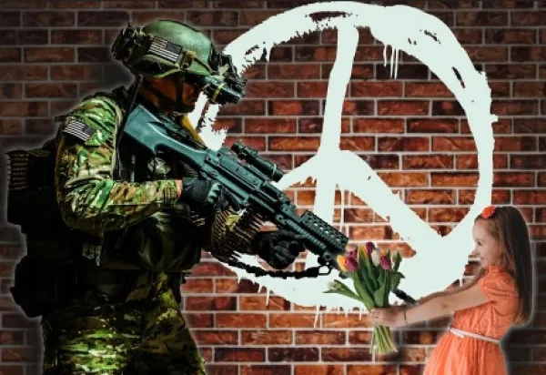 A man with a gun pointing at a girl holding flowers