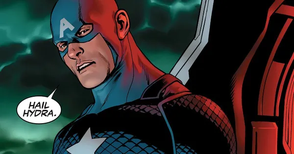 Guy dressed as superhero with star on chest and big A on forehead mask standing against stormy sky saying in a word bubble "Hail Hydra"