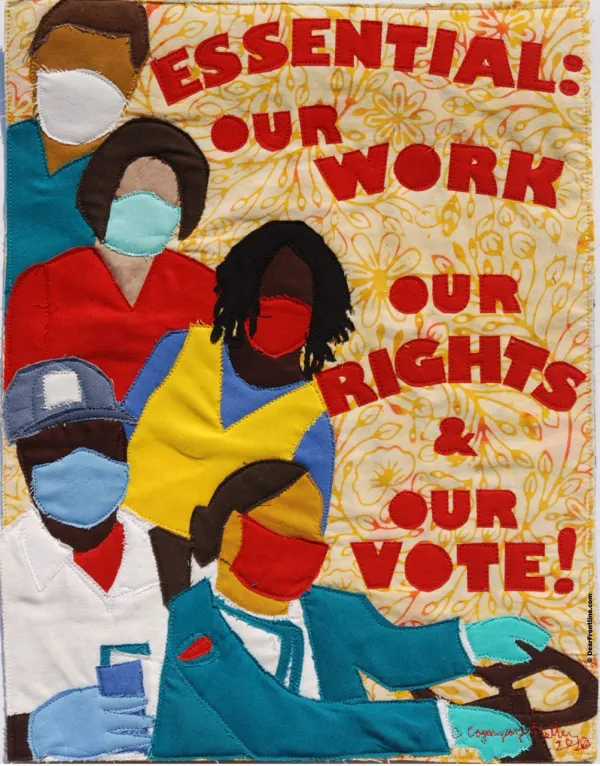 Colorful artwork of people all wearing masks and words Our Rights and Our Vote!