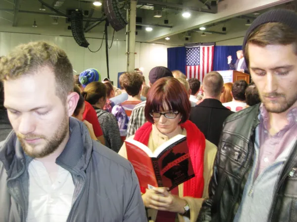 Kyle Landis, Hayley Cotter, and Jordan Patton catch up on their reading while Donald Trump speaks at the Greater Columbus Convention Center. Kyle Landis, Hayley Cotter, and Jordan Patton catch up on their reading while Donald Trump speaks at the Greater Columbus Convention Center.