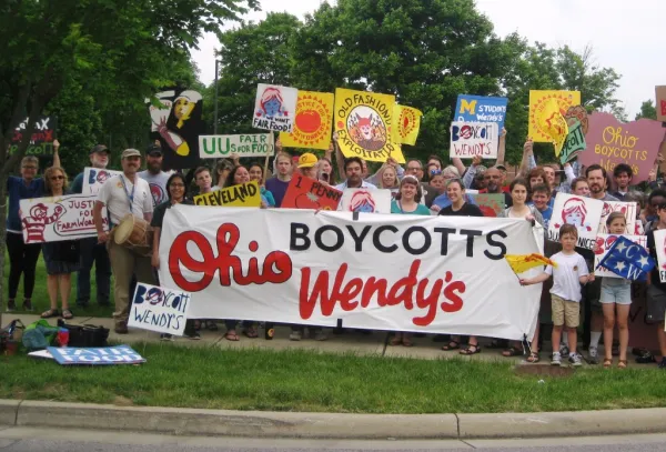 Protest outside Wendy's headquarters during the company's 2016 shareholder meeting Protest outside Wendy's headquarters during the company's 2016 shareholder meeting