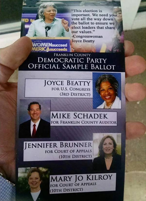 Flier with faces of men and women running for office with words Democratic Party sample ballot